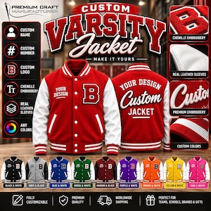 Może przedstawiać: Personalizowana kurtka typu varsity z czerwonym korpusem z wełny i białymi skórzanymi rękawami, wykończona prążkowanymi ściągaczami przy rękawach i kołnierzu. Z przodu naszywka z literą B, a z tyłu haftowany napis Your Design Custom Jacket.