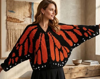 Gehaakt vest met vlindervleugelpatroon Oversized gevleugelde trui gehaakte unieke handgemaakte kleding