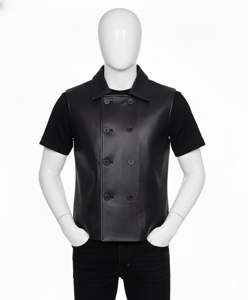 May include: A black leather vest with a double-breasted design, featuring six dark buttons and a collared neckline. The vest is worn over a black t-shirt and paired with black jeans. The mannequin's hands are in the pockets.