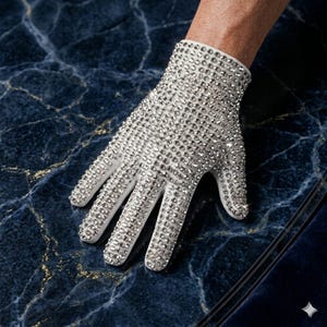 May include: A white glove fully covered in small, reflective silver rhinestones. The glove features a fitted wrist and individual finger sections, with the crystals arranged in a dense, uniform pattern across the entire surface of the fabric.