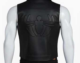 Spider-Man Noir 2026 zwart leren vest voor heren, double-breasted cosplayvest met spider-reliëf