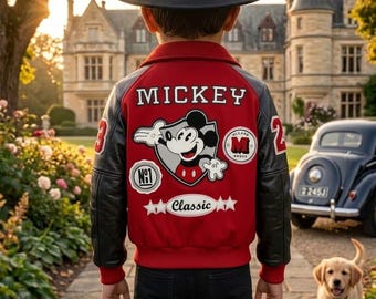 Michael Jackson Mickey Mouse Varsity-jack voor kinderen | Roodzwarte leren bomberjas