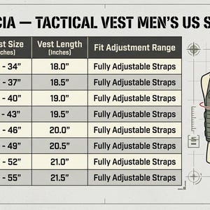 Size chart for men's black leather vest — chest and waist measurements in inches and cm for sizes S to 4XL, genuine leather biker vest sizing guide