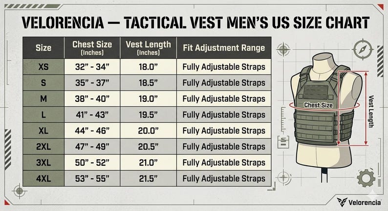 Size chart for men's black leather vest — chest and waist measurements in inches and cm for sizes S to 4XL, genuine leather biker vest sizing guide