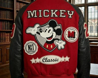 Michael Jackson Mickey Mouse uniseks leren jas | Rood zwart varsity-bomberjack | Retro streetwear voor beroemdheden