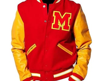 MJ Thriller Varsity Jacket | Red Yellow M Logo Bomber Jacket, Michael Jackson Inspired Letterman