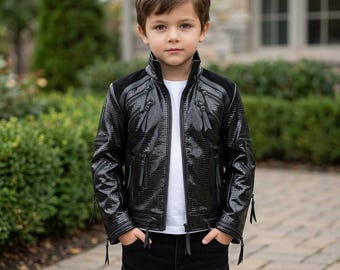 Glanzend leren motorjack met reptielenreliëf voor kinderen | Op Michael Jackson geïnspireerde streetwear-jas voor kinderen
