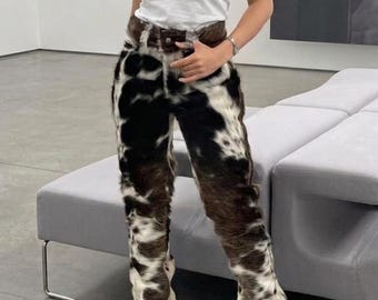Wijde broek koeienbont | Zwart-witte streetwearbroek met dierenprint