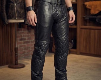 Zwarte gewatteerde leren bikerbroek heren | Originele broek in motorstijl