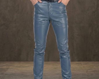 Echt leren herenbroek blauw | Leren slim-fit broek in bikerstijl
