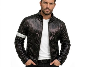 Op Michael Jackson geïnspireerd Billie Jean-jack met lovertjes | Zwarte discoblazer met glitter