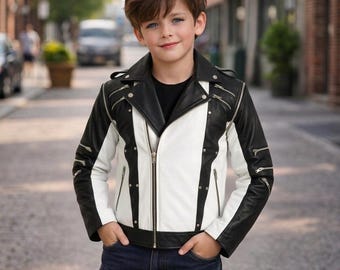 MJ Thriller Pepsi-punkjas voor kinderen | Michael Jackson zwart-witte leren motoroutfit kostuum