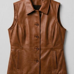 Women Saddle Brown Leather Vest Classic Button Front Minimalist Sleeveless Side Pocket Jacket