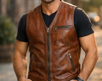 Cognacbruin verweerd leren vest heren luxe casual modegilet in bikerstijl