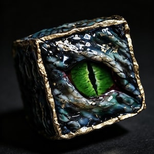 Puede incluir: Una pieza de arte en forma de cubo con un ojo de reptil detallado. El ojo es de un verde vibrante con una pupila negra en forma de hendidura, ubicado dentro de una superficie texturizada multicolor de azules, verdes y negros. Los bordes están adornados con oro.