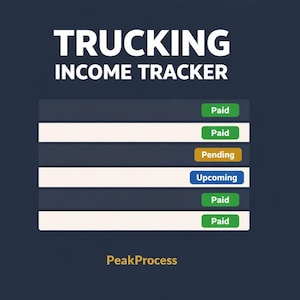 May include: A digital graphic with the text "TRUCKING INCOME TRACKER" in white. Below are several horizontal bars with status indicators: "Paid," "Pending," and "Upcoming." The PeakProcess logo is at the bottom.