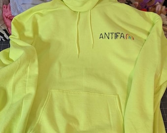 Neon Lime Green Hand Stitched ANTIFA Hoodie 2XL