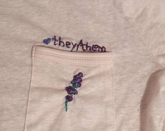 Custom Hand-Stitched Pronoun T-shirt with Lavender •please message before ordering•