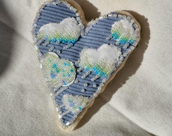 Beaded Cloud Heart Brooch, Dreamy Fiber Art Pin, Cottagecore Gift