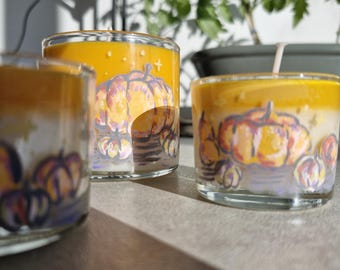Vela de calabaza pintada a mano, decoración otoñal artesanal, regalo de otoño, aroma a pastel de calabaza.
