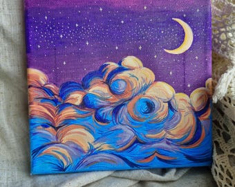 Nubes iluminadas por la luna – Lienzo original pintado a mano, obra de arte de cielo nocturno púrpura, decoración celestial para la pared