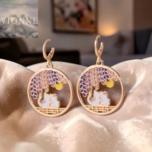 Japanese Cats Sunset Hoop Earrings, Sterling Silver Brass Enamel, Zen Animal Jewelry