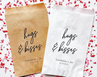 Personalized Wedding Favor Bags, Hugs Kisses Candy Treat Bags, Set of 25