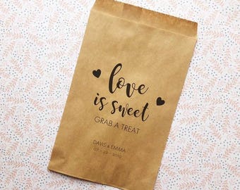 Personalized Wedding Favor Treat Bags, Kraft Paper Candy Bags, Love is Sweet Favors