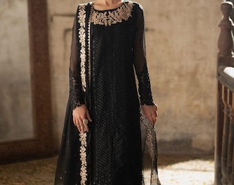 Elegant Black Embroidered Lawn Suit with Dupatta | Pakistani Formal Wear | Party Dress for Women