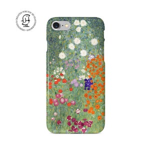 Puede incluir: Una funda para iPhone con una pintura de un jardín con varias flores en tonos de blanco, rojo, naranja, morado y verde.