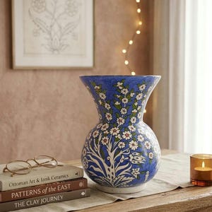 May include: A blue ceramic vase with a floral design, featuring white flowers and green leaves. The vase is on a wooden table with books and a candle. The vase is approximately 12 inches tall.