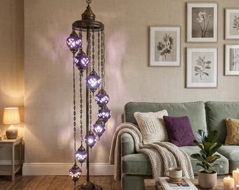 Lámpara de pie turca de 9 globos, iluminación de azulejos de cerámica hechos a mano de 71", decoración bohemia para sala de estar.