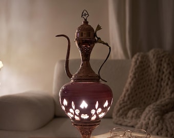 Handmade Ceramic Turkish Pitcher Lamp | Copper Brass Bohemian Desk Light