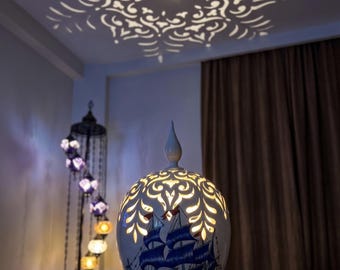Handmade Turkish Ceramic Lamp, Hand-Carved Nautical Ship Motif, Pierced Pottery Light Art
