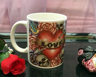 Love & Hate -  tea or coffee mug, skull heart rose tattoo gothic burlesque