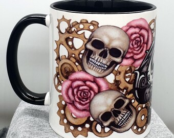 Steampunk Tea or Coffee Mug, skull, rose, tattoo, gothic, biker