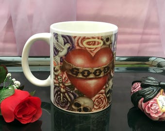 Good & Evil -  tea or coffee mug, skull heart rose tattoo gothic burlesque