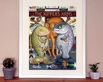 The Kippers Arms, Art Print ( framed or unframed ), Wall Hanging, Fantasy, Surrealist, Artwork, Pub Scene
