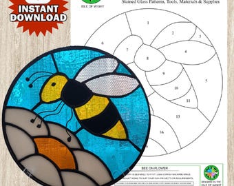 Stained Glass Pattern,  Bee on Flower, Instant download, Suncatcher, Window Ornament, DIY Art Tutorial, Homemade Decor