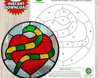 Stained Glass Pattern,  Snake on Heart, Instant download, Suncatcher, Window Ornament, DIY Art Tutorial, Homemade Decor