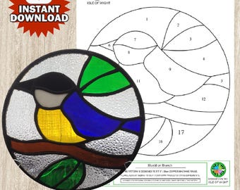 Stained Glass Pattern,  Bluetit on Branch, Instant download, Suncatcher, Window Ornament, DIY Art Tutorial, Homemade Decor