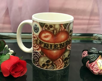 Friend & Foe -  tea or coffee mug, skull heart rose tattoo gothic burlesque