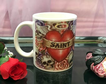 Saint & Sinner -  tea or coffee mug, skull heart rose tattoo gothic burlesque