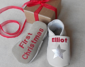 Personalised First Christmas Star Leather Baby Shoes