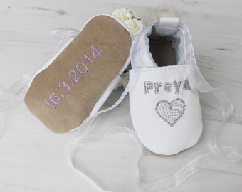 Personalised Girls Heart Leather Christening Shoes