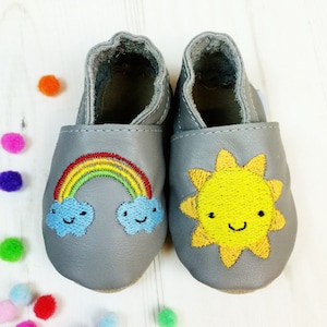 Personalised Weather Baby Shoes with Rainbow and Sun
