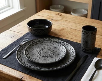 Black Stoneware Dinnerware Set 4-Piece Place Setting - Plates, Bowl & Cup | Handmade Mexican Pottery