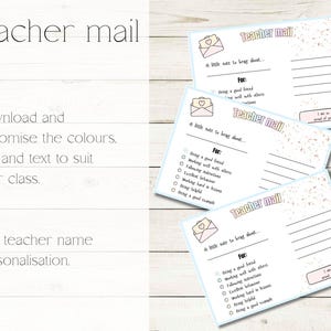 May include: Three light blue "Teacher mail" cards with text and an envelope graphic. The cards have fill-in-the-blank sections for a student's good qualities. The text includes "A little note to brag about..." and "I am so proud of you!"