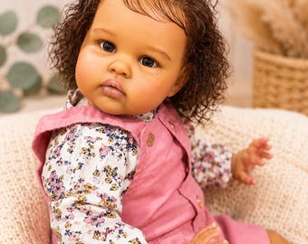 24 Inch Reborn Baby Doll, Dark Skin Newborn Girl Doll, Lifelike Soft Touch Baby, Hand Rooted Hair Realistic Doll, Gift for Kids Collectors.