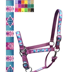 May include: A horse halter in shades of purple and turquoise, featuring a geometric pattern. The halter has metal hardware and a matching patterned strap. A color chart is included.